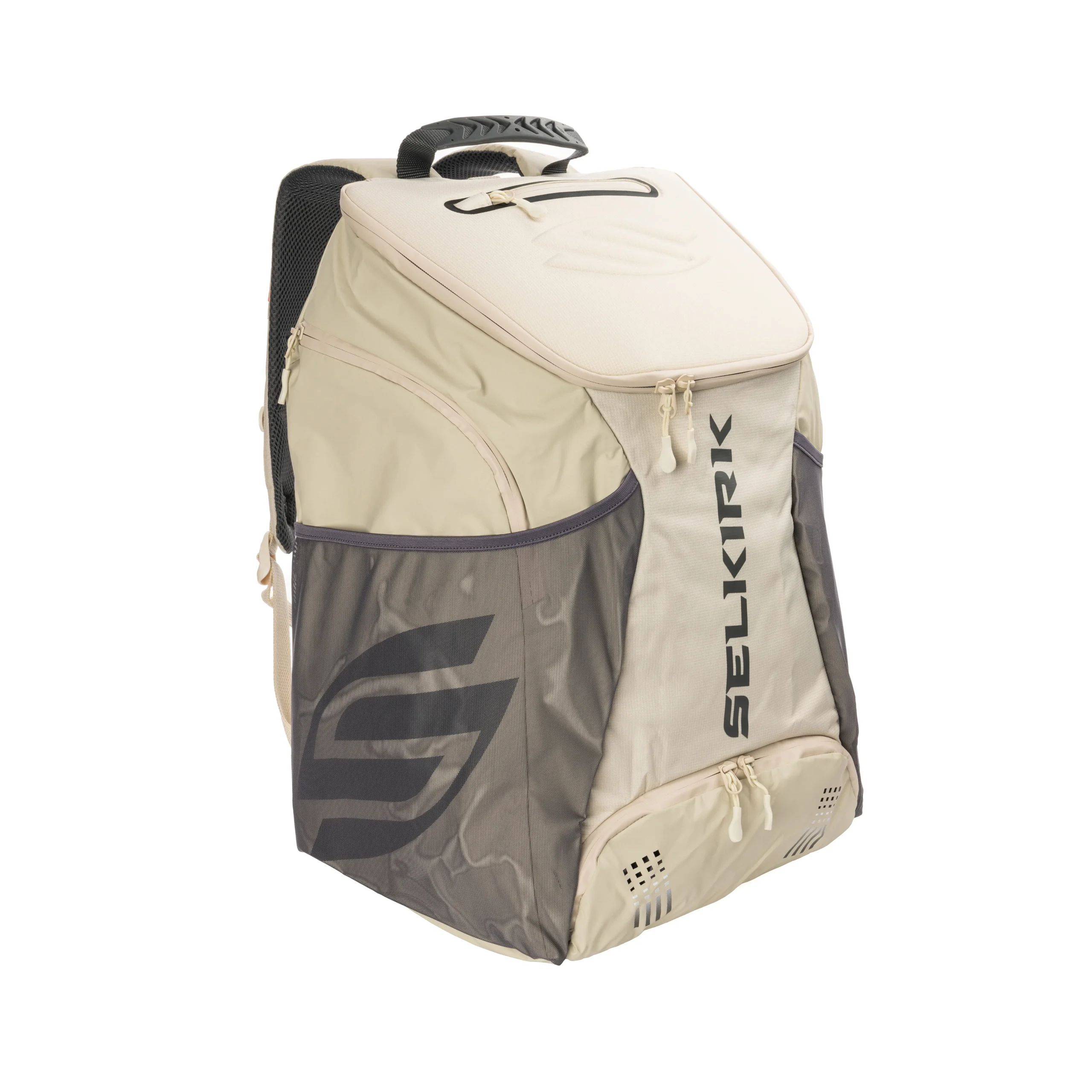 Selkirk Tour Backpack - Large Pickleball Bag in beige and gray with multiple compartments for paddles, balls, and gear.