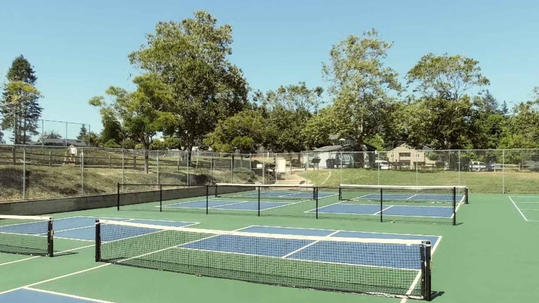 Outdoor pickleball courts at Brommer Street Park in Santa Cruz, surrounded by trees and fencing.