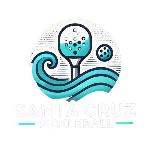 Santa Cruz Pickleball logo featuring a modern wave design with a pickleball paddle and ball, incorporating coastal colors in a sleek, minimalist style.